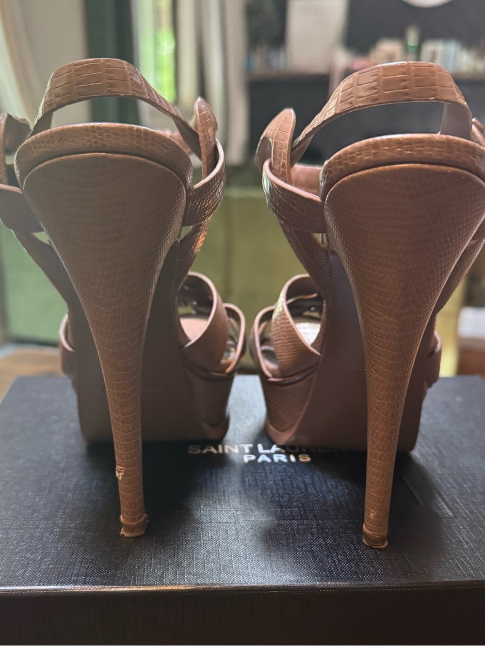 Saint Laurent Tan Croc-Embossed Leather T-Strap Sandals - Picture 9 of 16